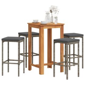 5 Piece Patio Bar Set Gray Solid Wood Acacia and Poly Rattan