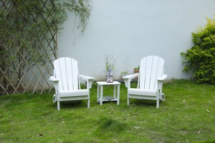 Folding Adirondack Chair with Side Table, 3-Piece Adirondack Chair Set, White (2 Chairs and 1 Table)