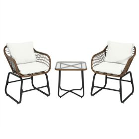 3 Pieces Patio Rattan Bistro Set with Cushions and Glass Table