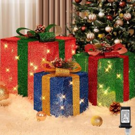 3 Pieces Large Gift Boxes For Christmas Decorations Outdoor, 10" 8" 6" With Pre-lit 70 LED Mini String Lights, Plug-in Warm White Present Boxes W (Option: RedGreenBlue)