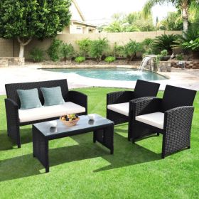 4 Pieces Rattan Patio Furniture Set with Weather Resistant Cushions and Tempered Glass Tabletop (Color: White)