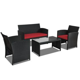 4 Pieces Rattan Patio Furniture Set with Weather Resistant Cushions and Tempered Glass Tabletop (Color: Red)