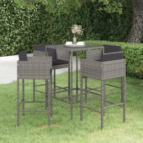 5 Piece Patio Bar Set with Cushions Poly Rattan Gray (Color: Grey)